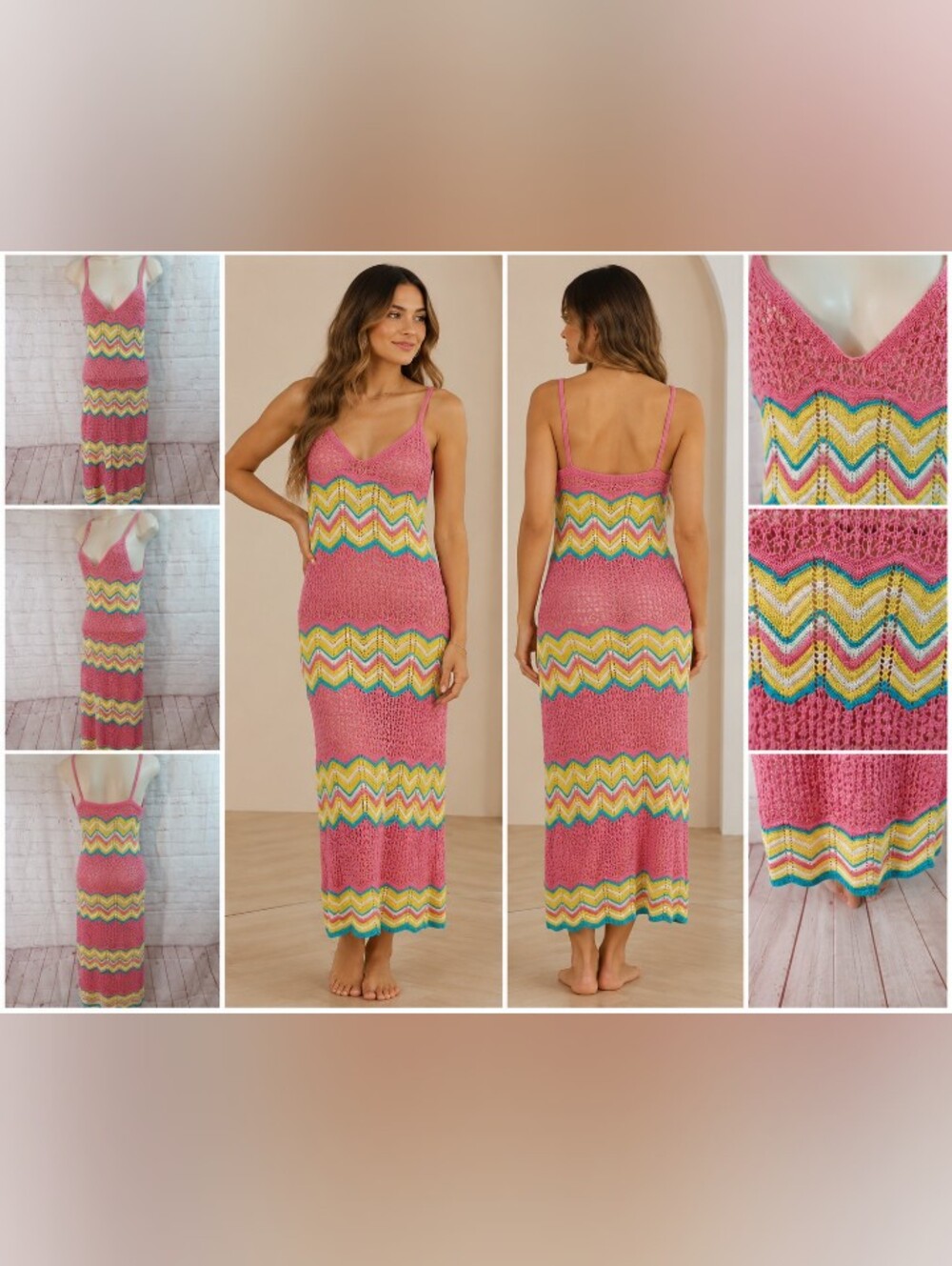 almost famous crochet dress pink yellow turquoise chevron boho y2k